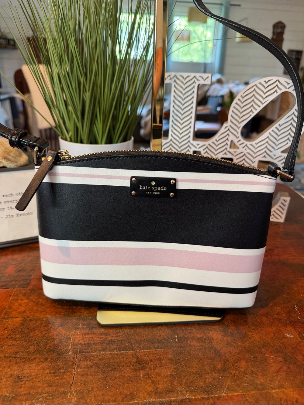 💕kate spade Black, Pink & White Striped Crossbody Bag